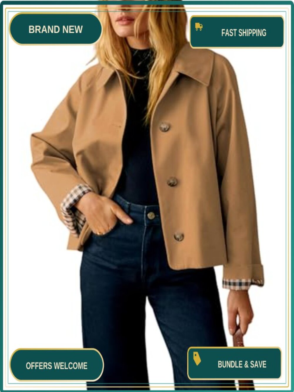 Oversize Trench Coat Plaid Lining Lapel Crop Casual Jacket Pockets